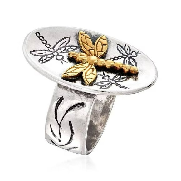 Sterling Silver Vintage Oval Golden Dragonfly Signet Ring - Picture 4 of 7